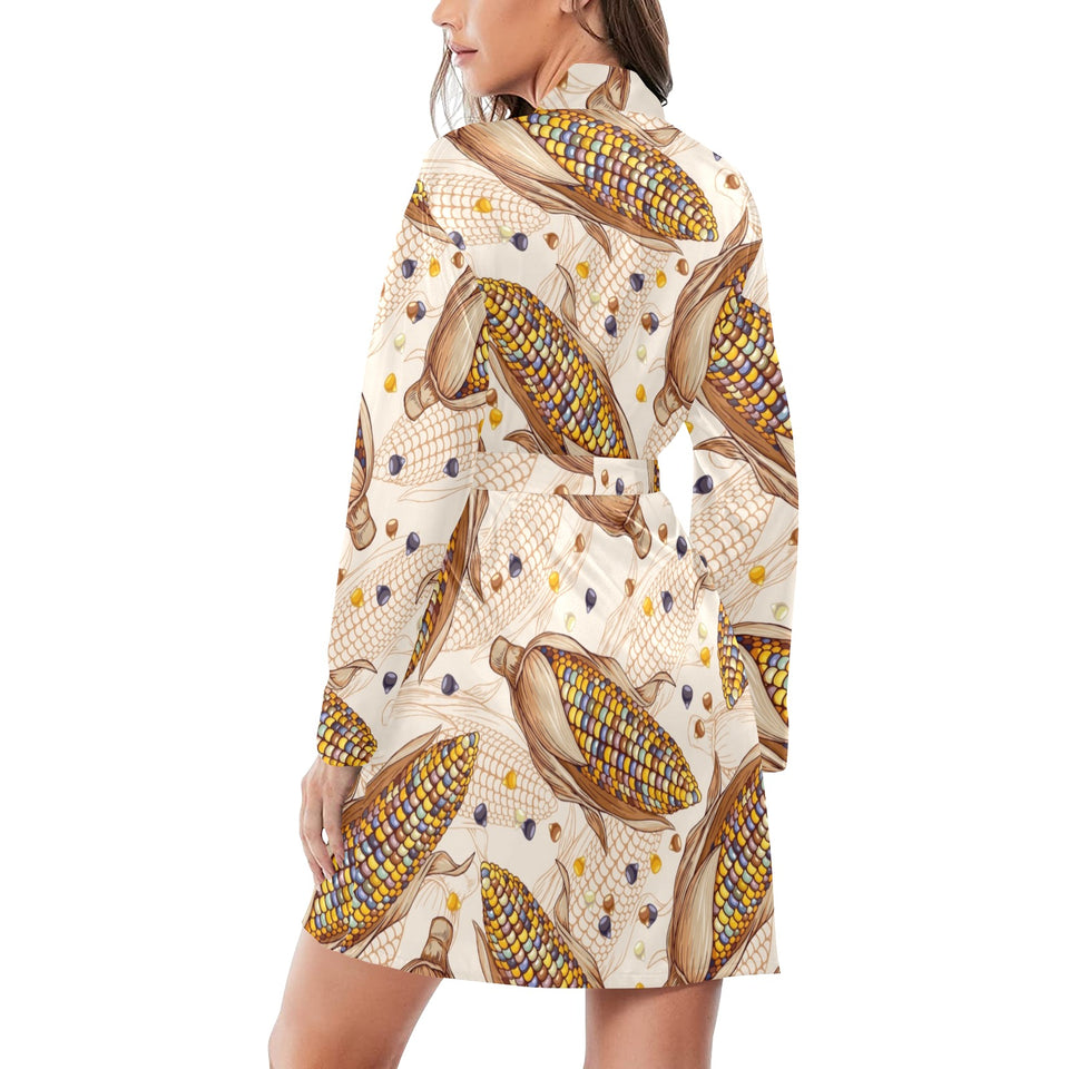 Corn Pattern Print Design 03 Women's Long Sleeve Belted Night Robe