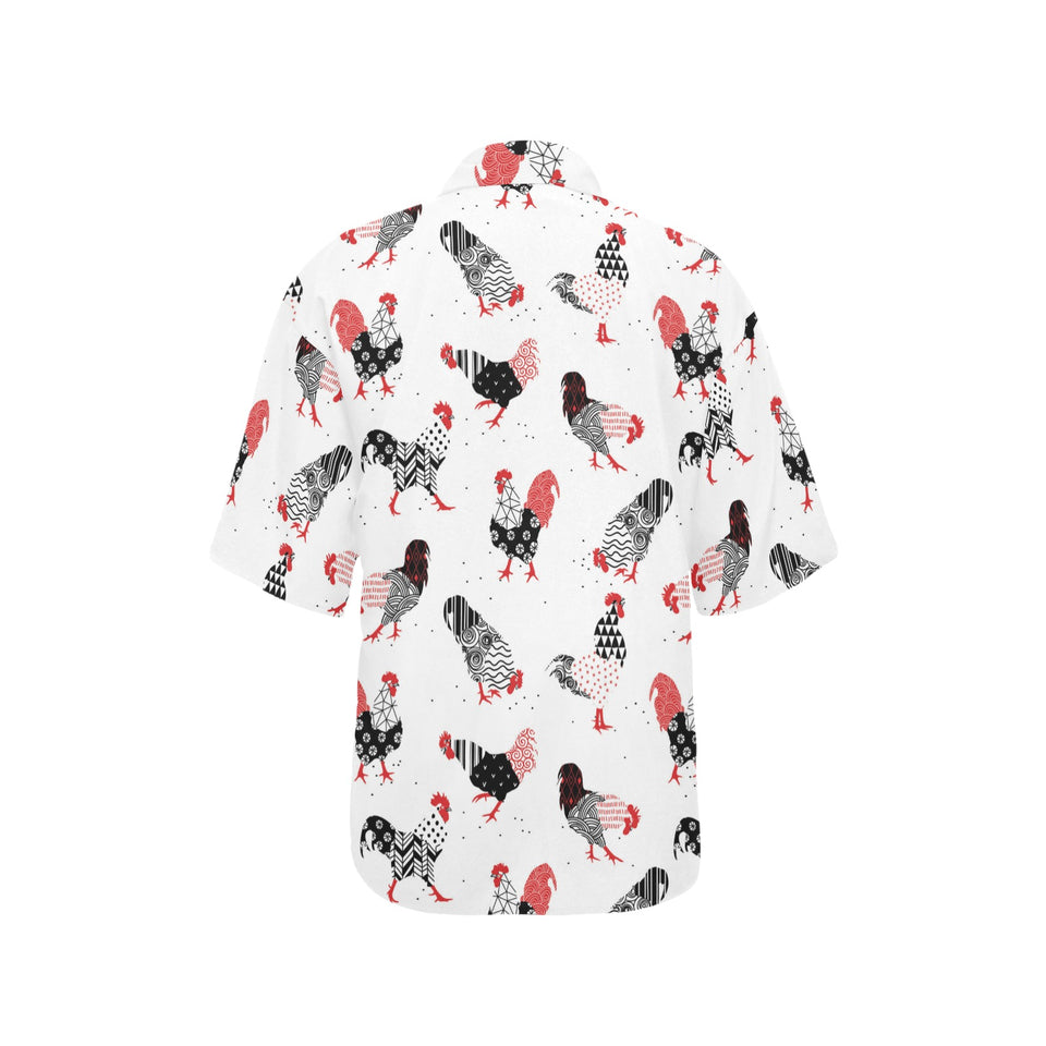 Cool rooster chicken cock floral ornament backgrou Women's All Over Print Hawaiian Shirt