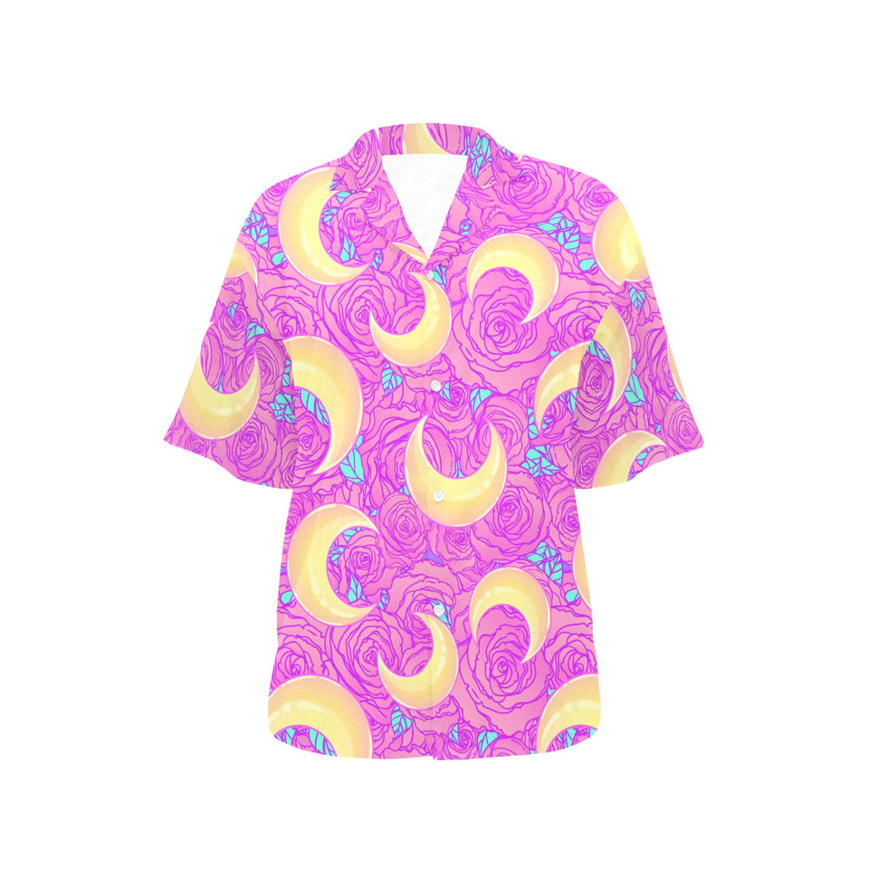 Moon pink rose background Women's All Over Print Hawaiian Shirt