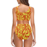 Fire flame design pattern Chest Bowknot High Waisted Bikini Swimsuit