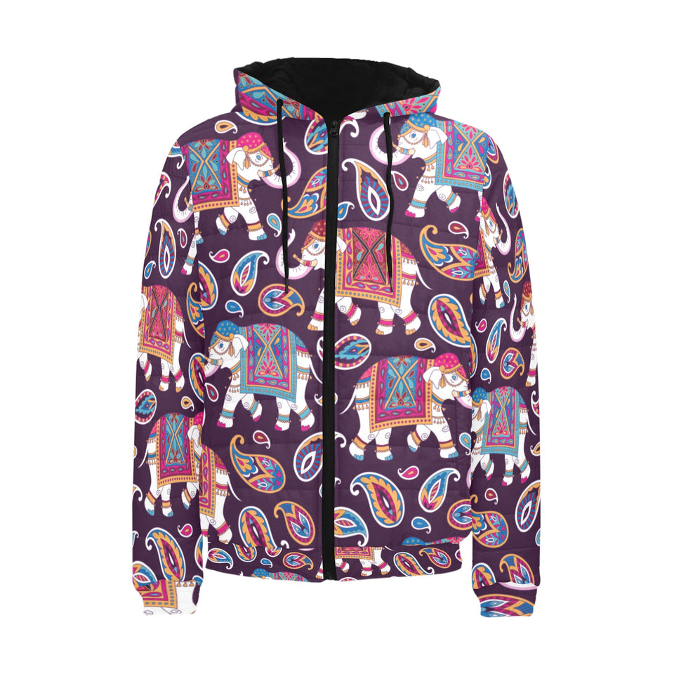 Elephant indian style ornament pattern Men's Padded Hooded Jacket