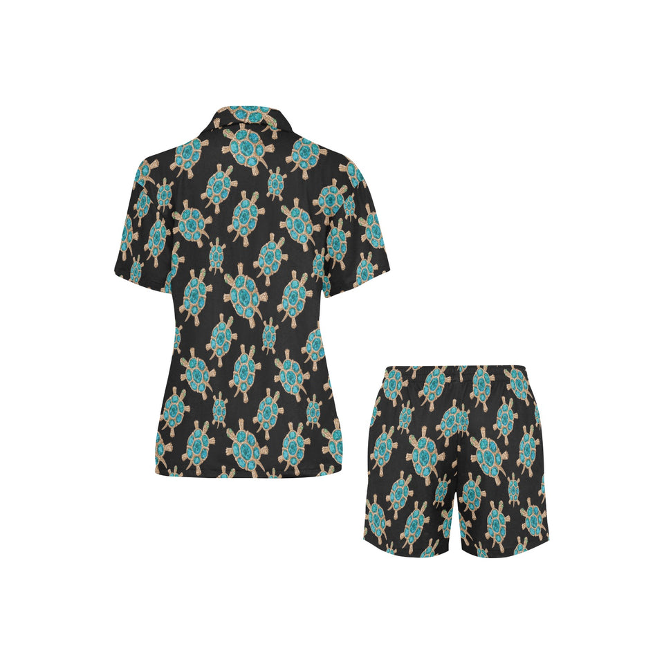 Sea turtle blue stone pattern Women's V-Neck Short Pajama Set