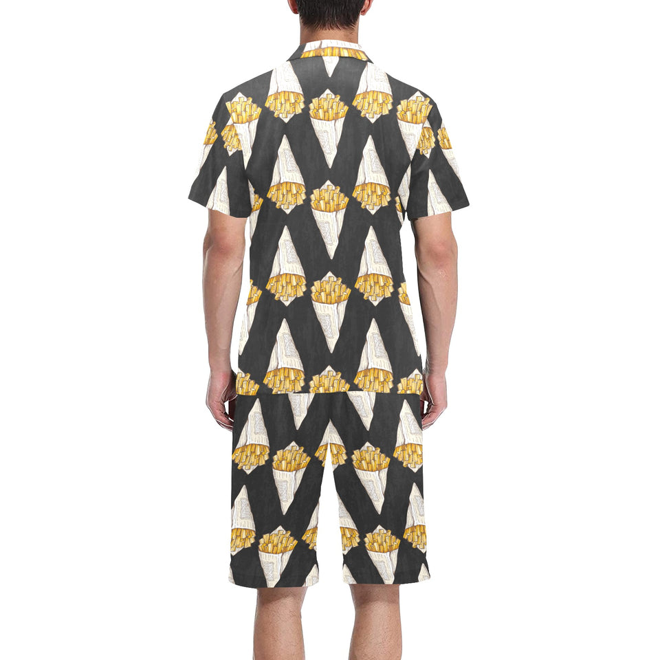French fries dark background Men's V-Neck Short Pajama Set