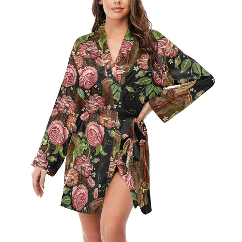 Horse head wild roses pattern Women's Long Sleeve Belted Night Robe