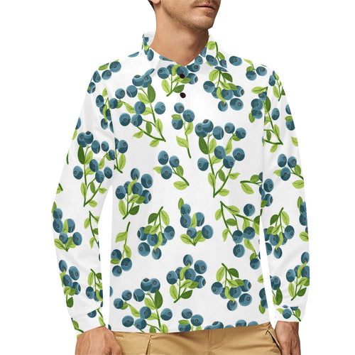 blueberry white background Men's Long Sleeve Polo Shirt