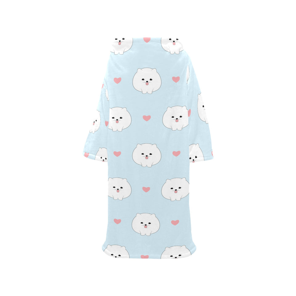 White cute pomeranian pattern Blanket Robe with Sleeves