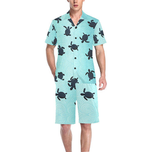Sea turtle with blue ocean backgroud Men's V-Neck Short Pajama Set