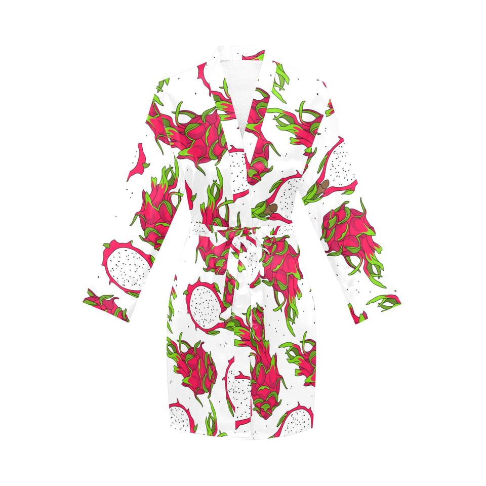 dragon fruits white background Women's Long Sleeve Belted Night Robe