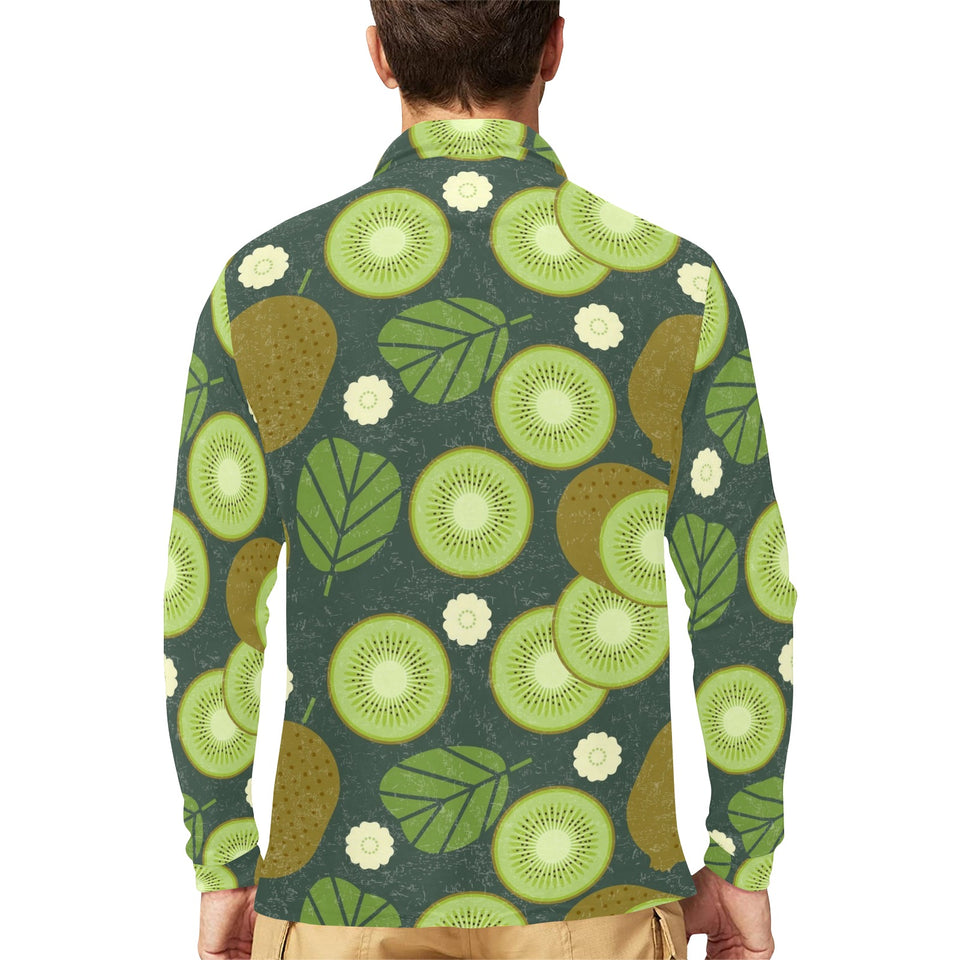 Whole sliced kiwi leave and flower Men's Long Sleeve Polo Shirt