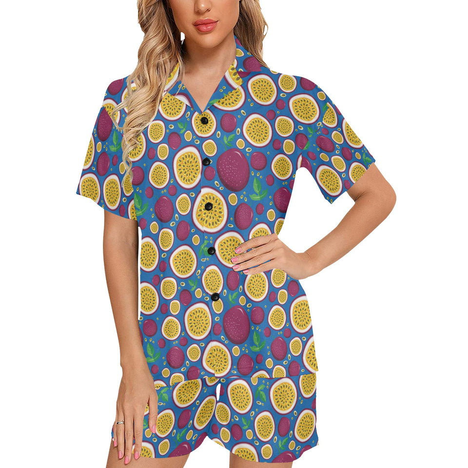 Passion fruit blue background Women's V-Neck Short Pajama Set