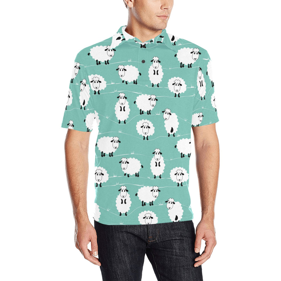 Cute sheep green background Men's All Over Print Polo Shirt