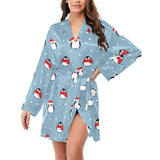 Cute penguin christmas snow pattern Women's Long Sleeve Belted Night Robe