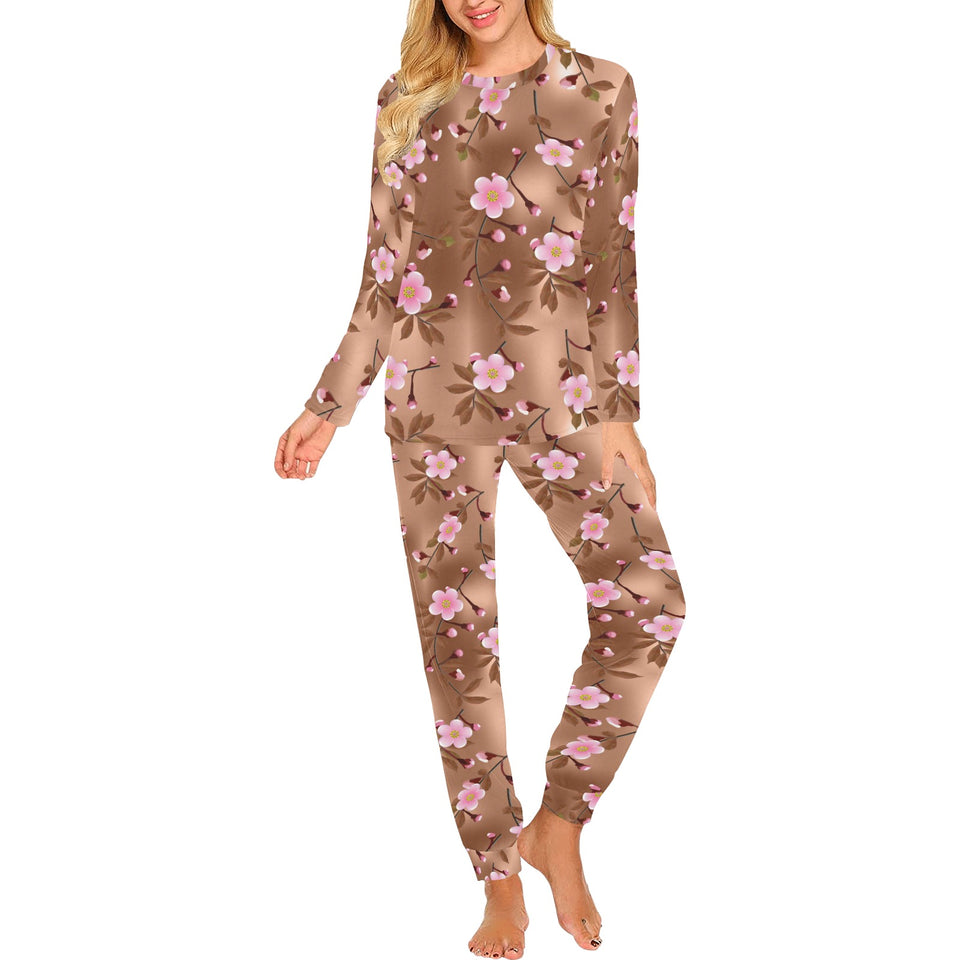 Pink sakura cherry blossom drak brown background Women's All Over Print Pajama Set