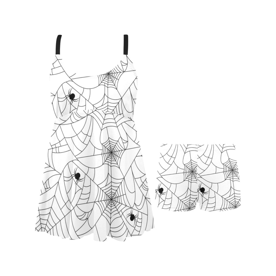 Spider web cobweb pattern white background Chest Sexy Pleated Two Piece Swim Dress