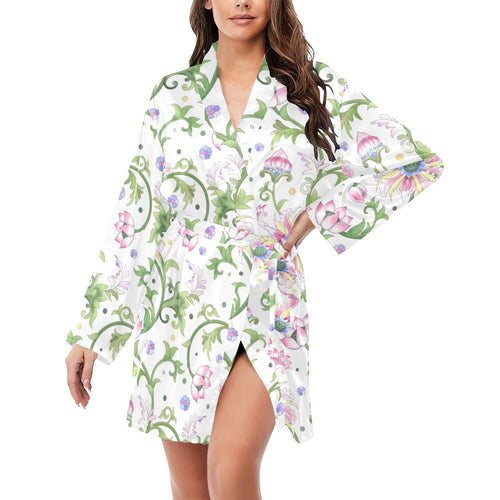 Beautiful pink lotus waterlily leaves pattern Women's Long Sleeve Belted Night Robe