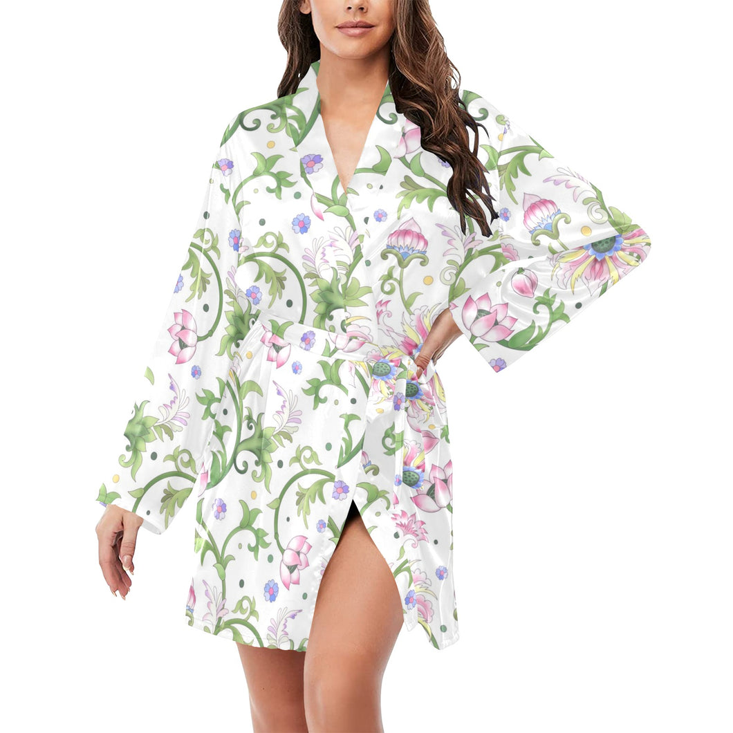 Beautiful pink lotus waterlily leaves pattern Women's Long Sleeve Belted Night Robe