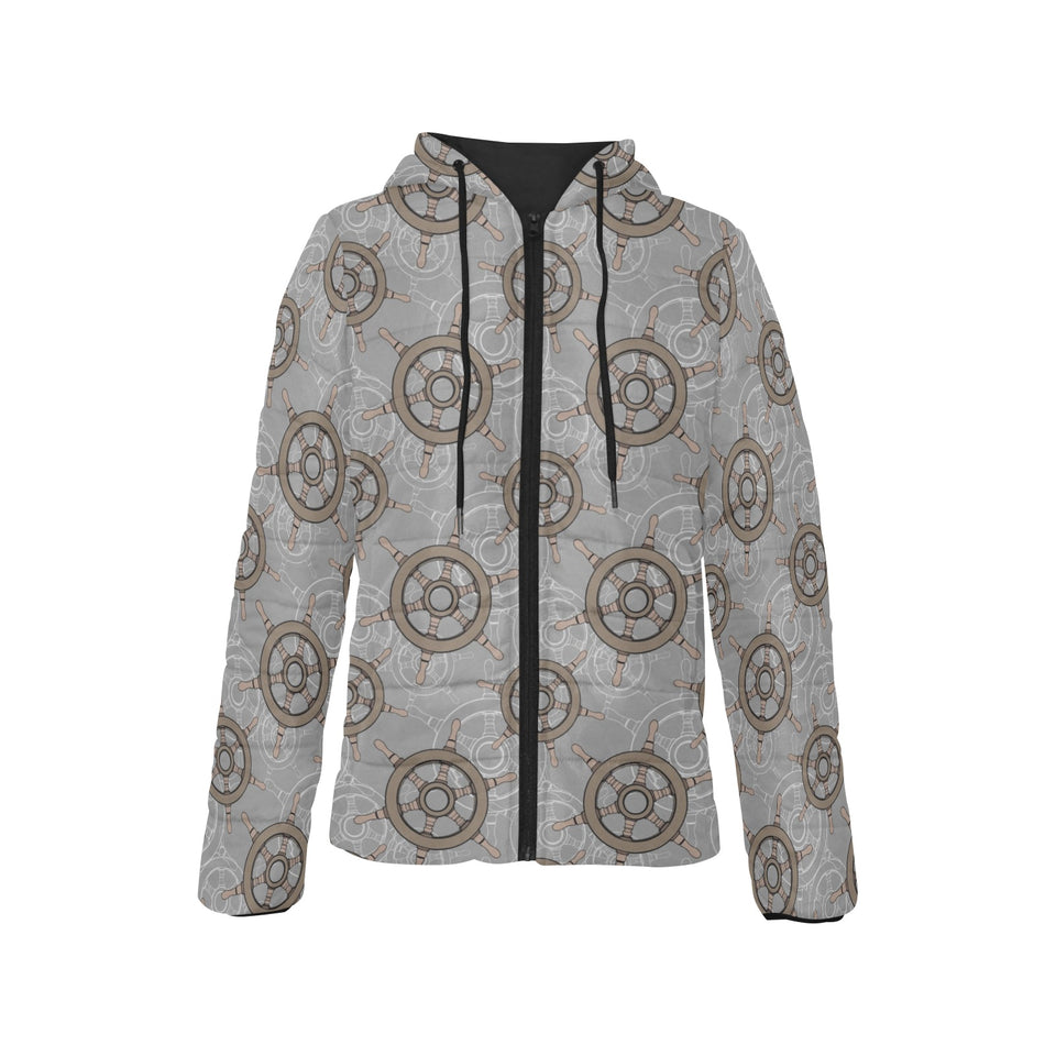 nautical wood steering wheel pattern Women's Padded Hooded Jacket