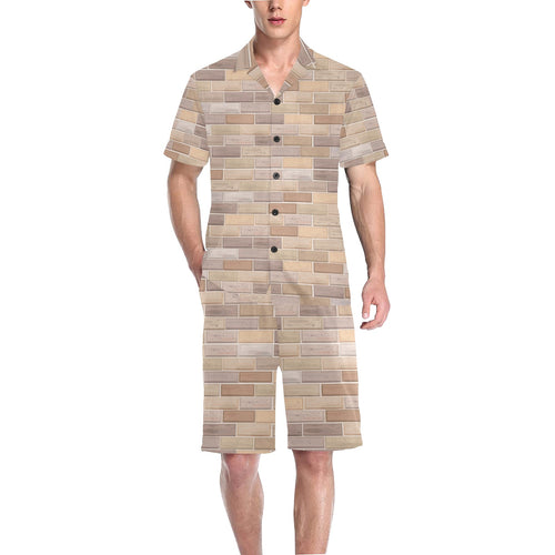 Brick Printed Pattern Print Design 01 Men's V-Neck Short Pajama Set