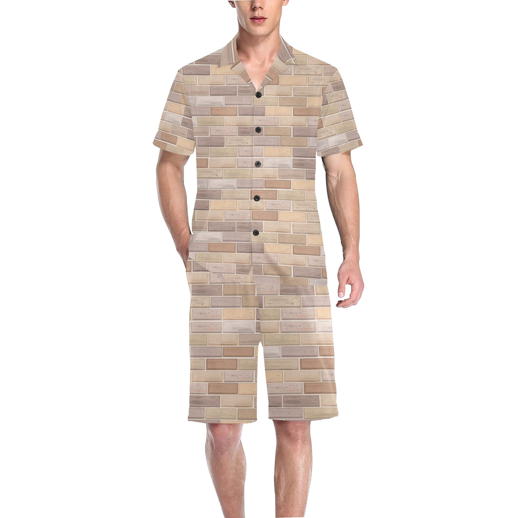 Brick Printed Pattern Print Design 01 Men's V-Neck Short Pajama Set