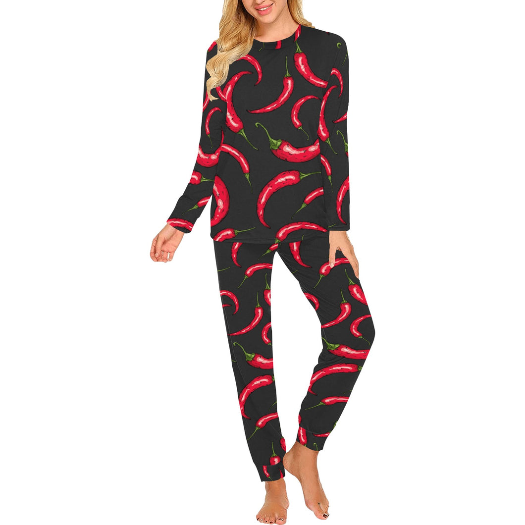 Chili peppers pattern black background Women's All Over Print Pajama Set
