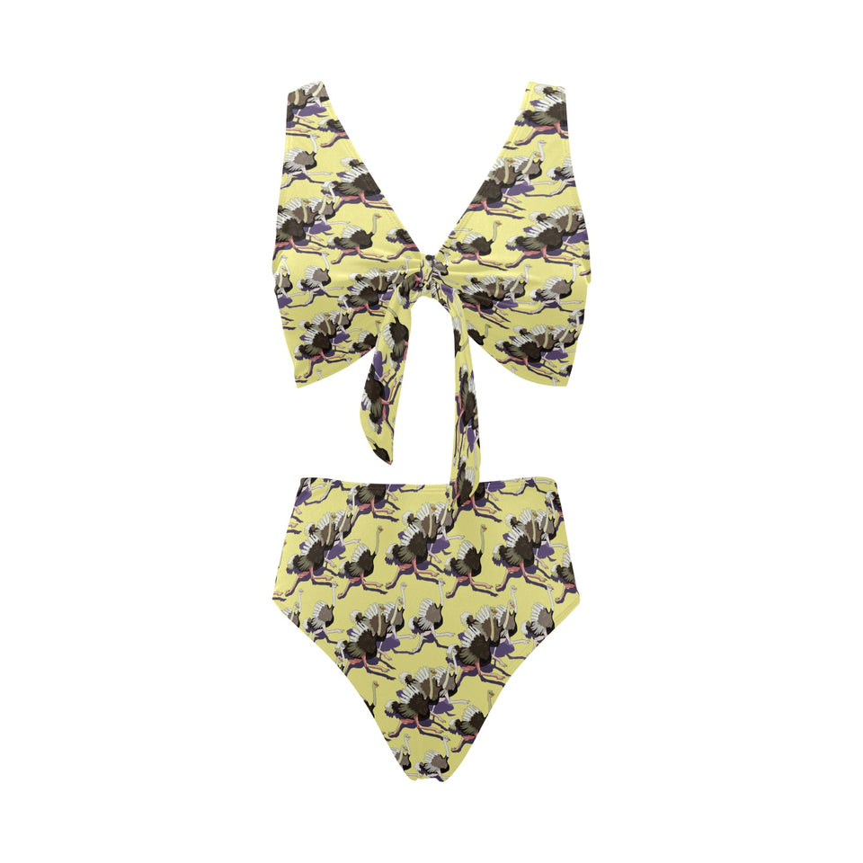 Ostrich Pattern Print Design 04 Chest Bowknot High Waisted Bikini Swimsuit