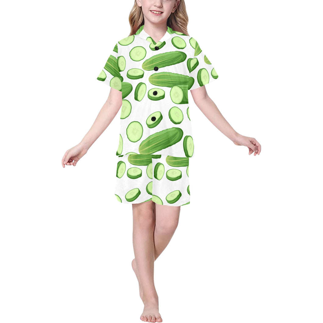 cucumber whole slices pattern Kids' Boys' Girls' V-Neck Short Pajama Set