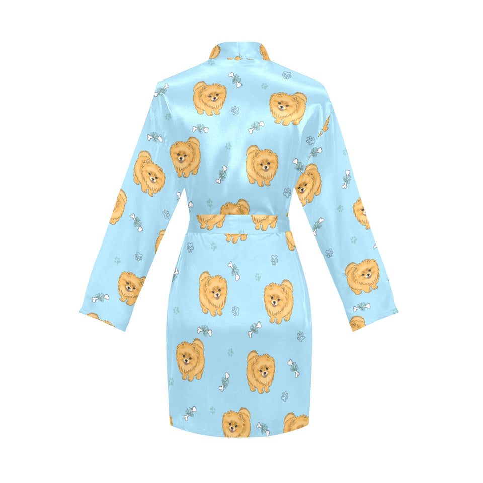 Brown cute pomeranian blue blackground Women's Long Sleeve Belted Night Robe