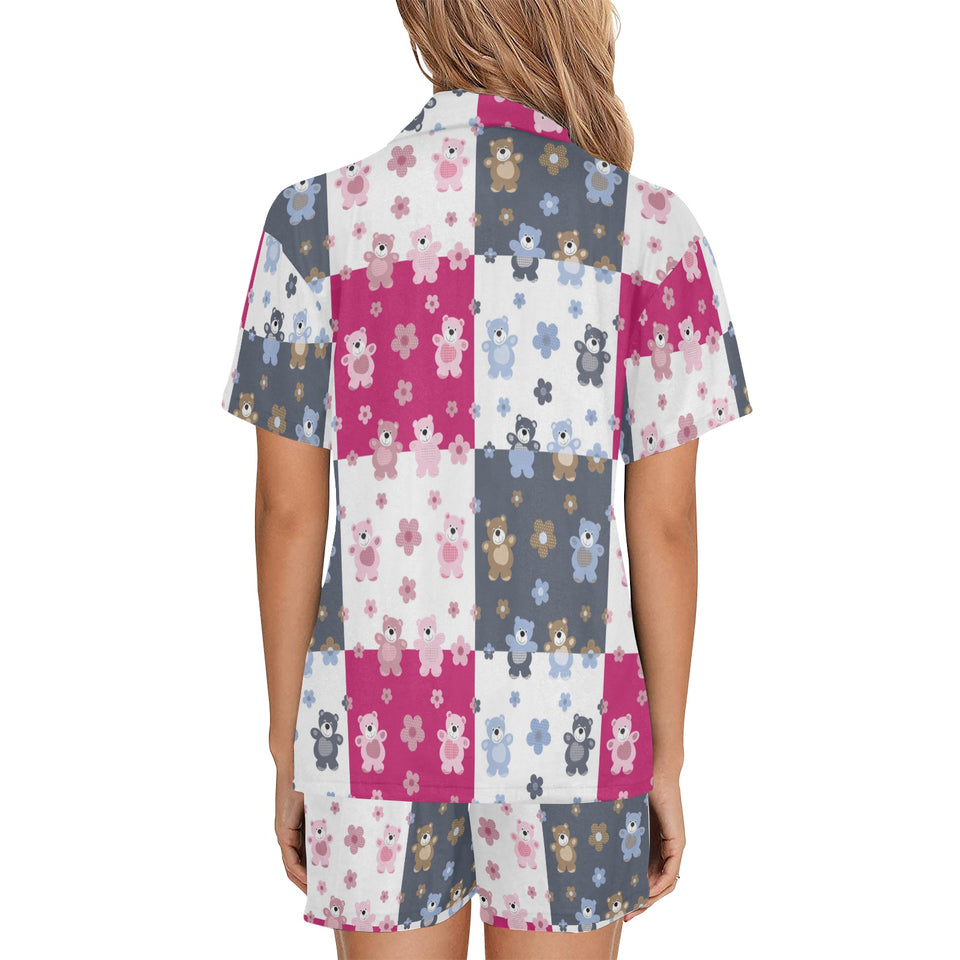 Teddy Bear Pattern Print Design 03 Women's V-Neck Short Pajama Set