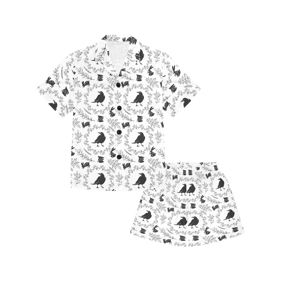 Crows floral wreath rabbit pattern Kids' Boys' Girls' V-Neck Short Pajama Set