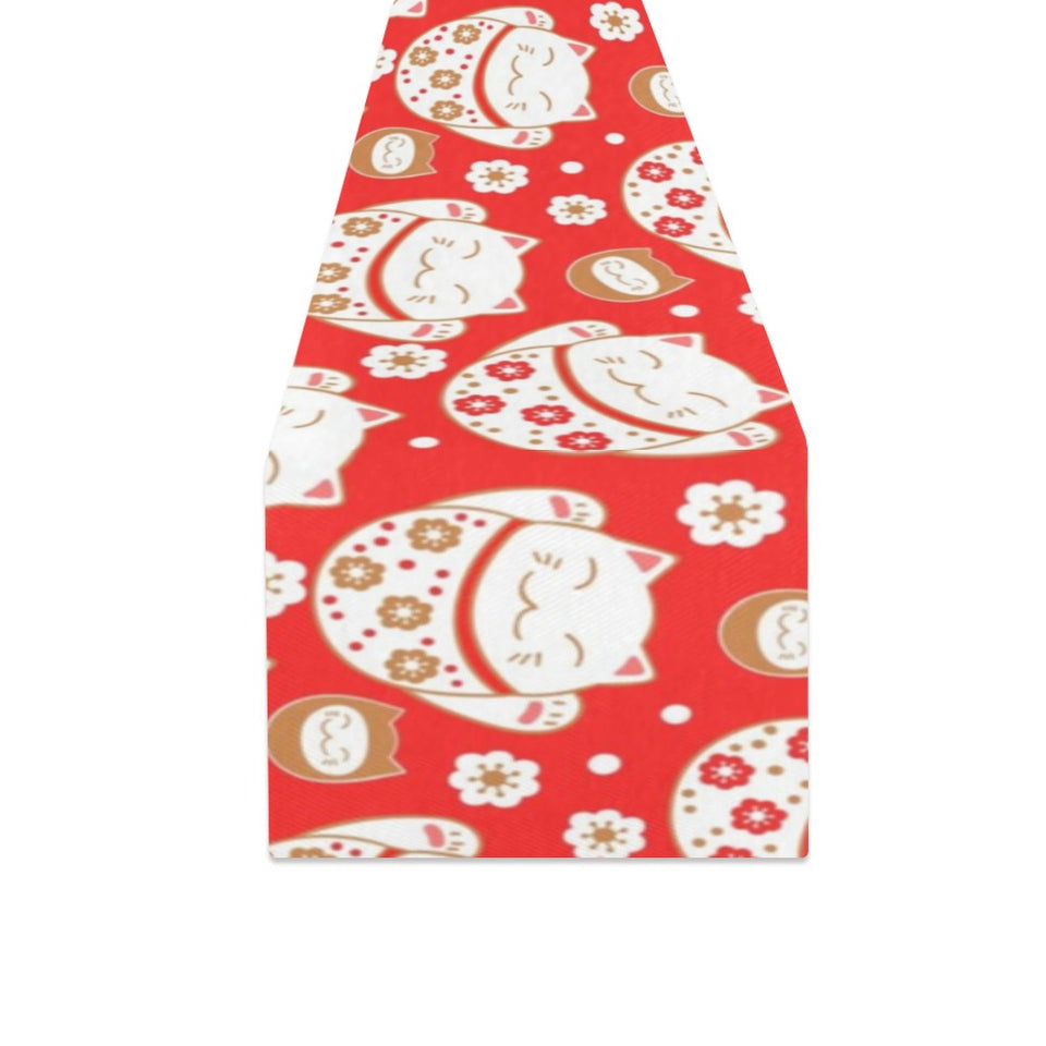 Cute Maneki neko cat red background Table Runner