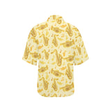Saxophone cornet pattern yellow background Women's All Over Print Hawaiian Shirt