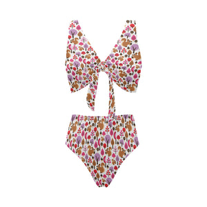 Squirrel Pattern Print Design 02 Chest Bowknot High Waisted Bikini Swimsuit