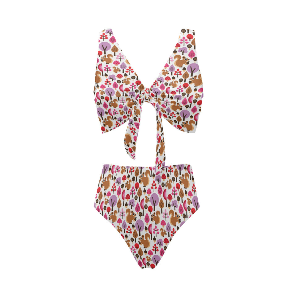 Squirrel Pattern Print Design 02 Chest Bowknot High Waisted Bikini Swimsuit