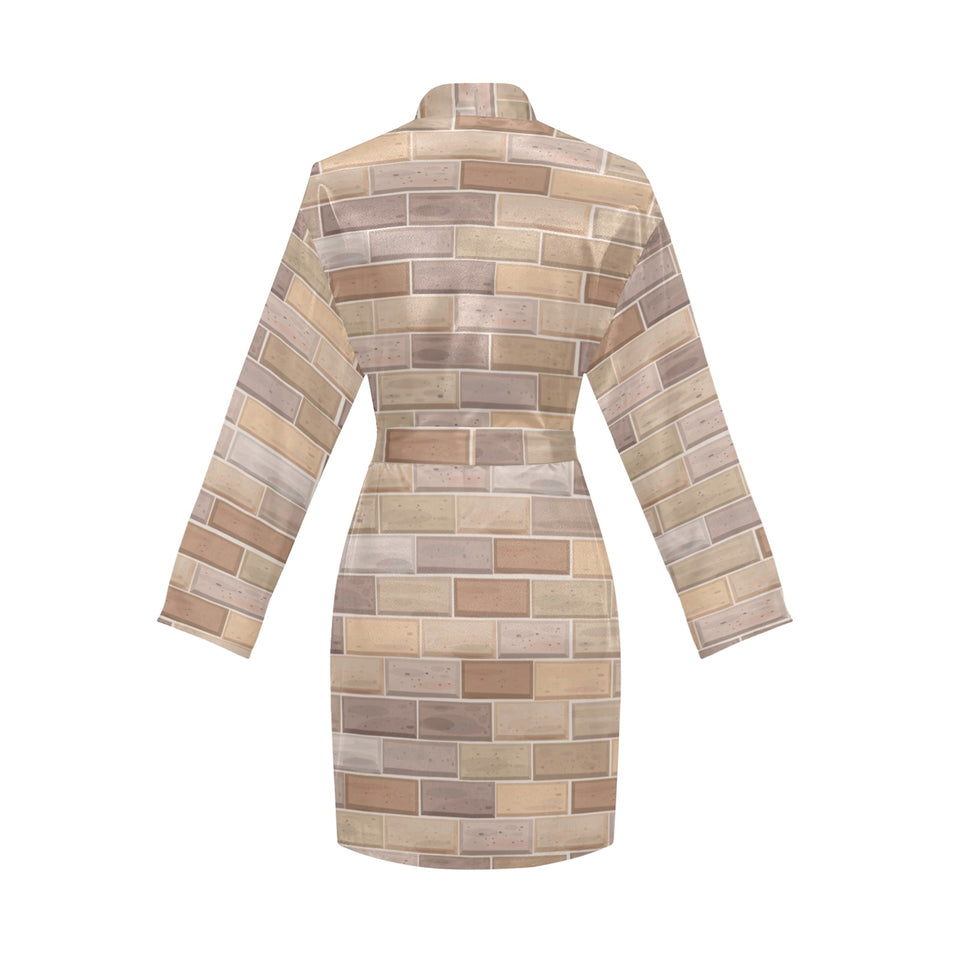 Brick Printed Pattern Print Design 01 Women's Long Sleeve Belted Night Robe
