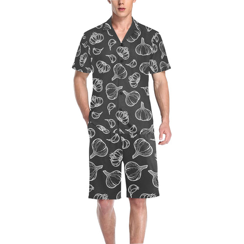 Garlic pattern black background Men's V-Neck Short Pajama Set