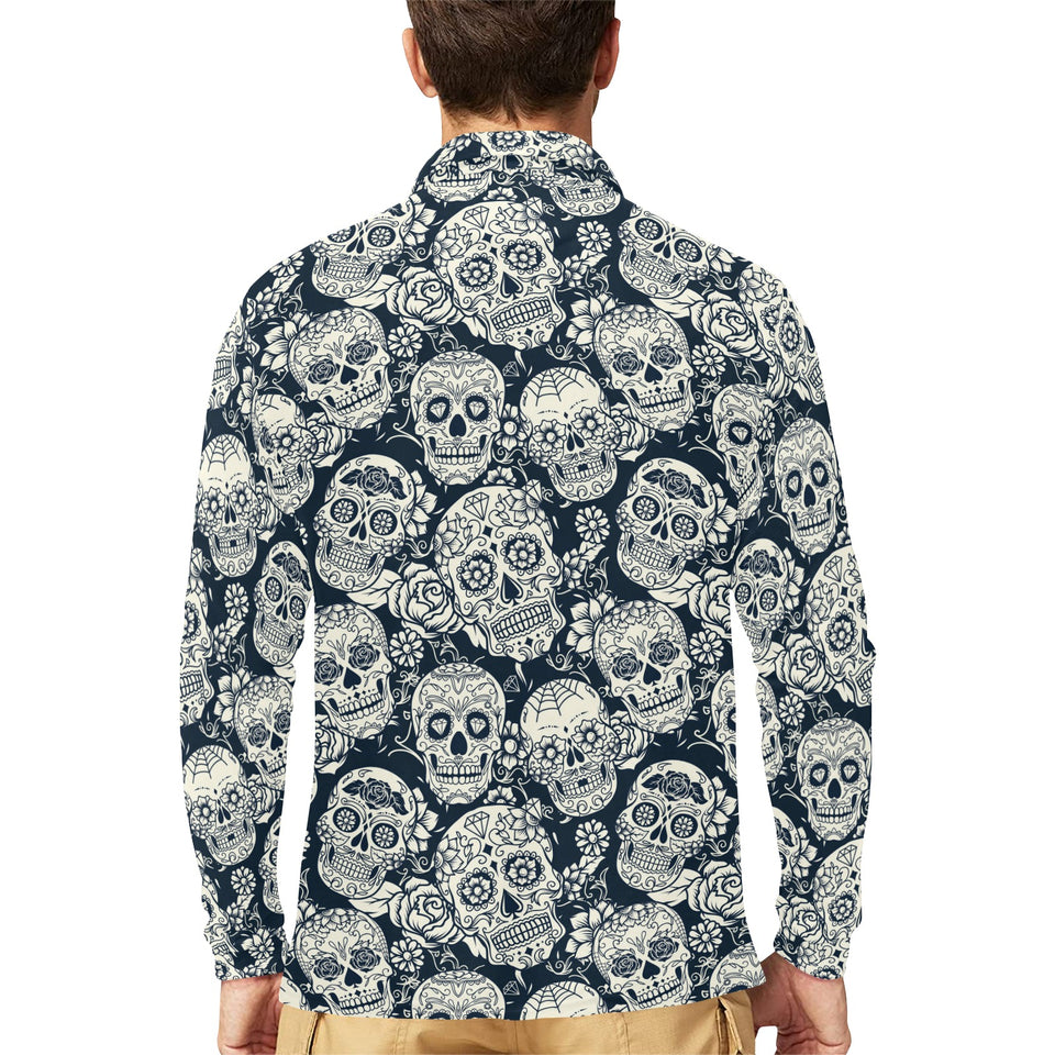 Sugar skull black white pattern Men's Long Sleeve Polo Shirt