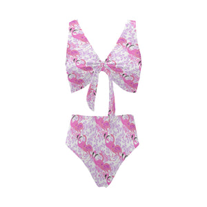 Pink flamingo flower pattern Chest Bowknot High Waisted Bikini Swimsuit