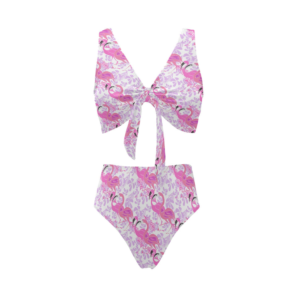 Pink flamingo flower pattern Chest Bowknot High Waisted Bikini Swimsuit