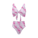 Pink flamingo flower pattern Chest Bowknot High Waisted Bikini Swimsuit