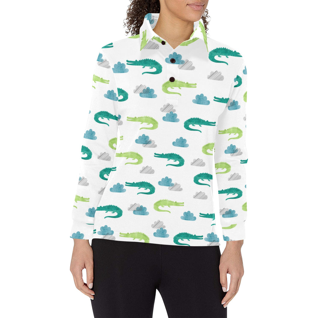 watercolor crocodile pattern Women's Long Sleeve Polo Shirt