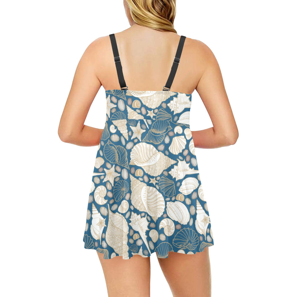 Sea turtle Polynesian Tribal design pattern Chest Sexy Pleated Two Piece Swim Dress