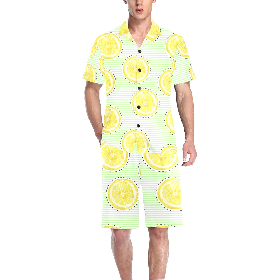 slice of lemon pattern Men's V-Neck Short Pajama Set