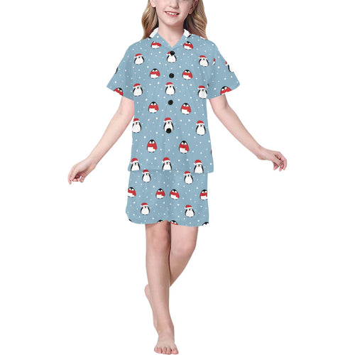Cute penguin christmas snow pattern Kids' Boys' Girls' V-Neck Short Pajama Set