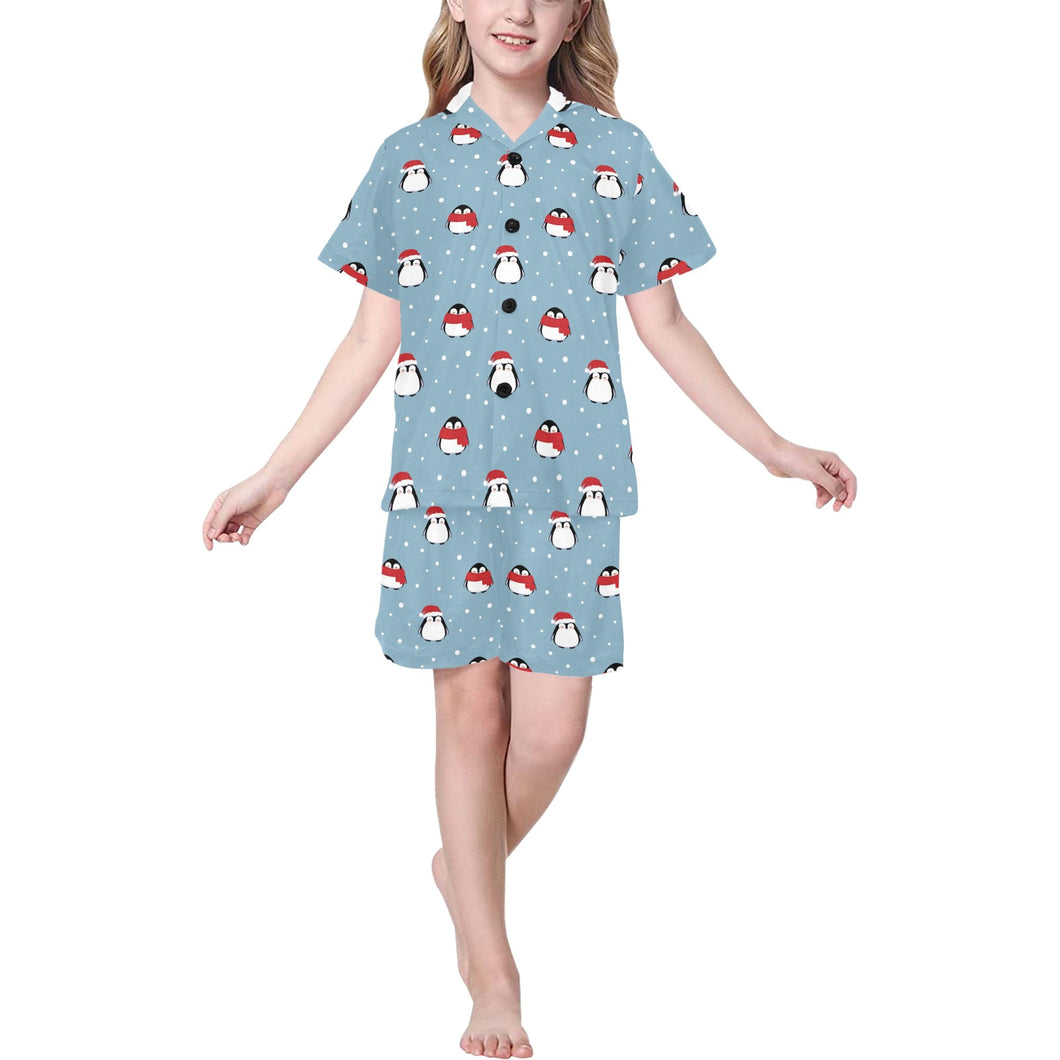 Cute penguin christmas snow pattern Kids' Boys' Girls' V-Neck Short Pajama Set