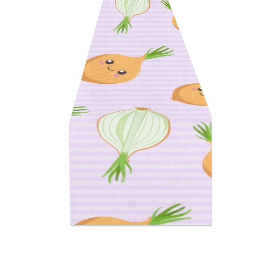cute onions smiling faces purple background Table Runner