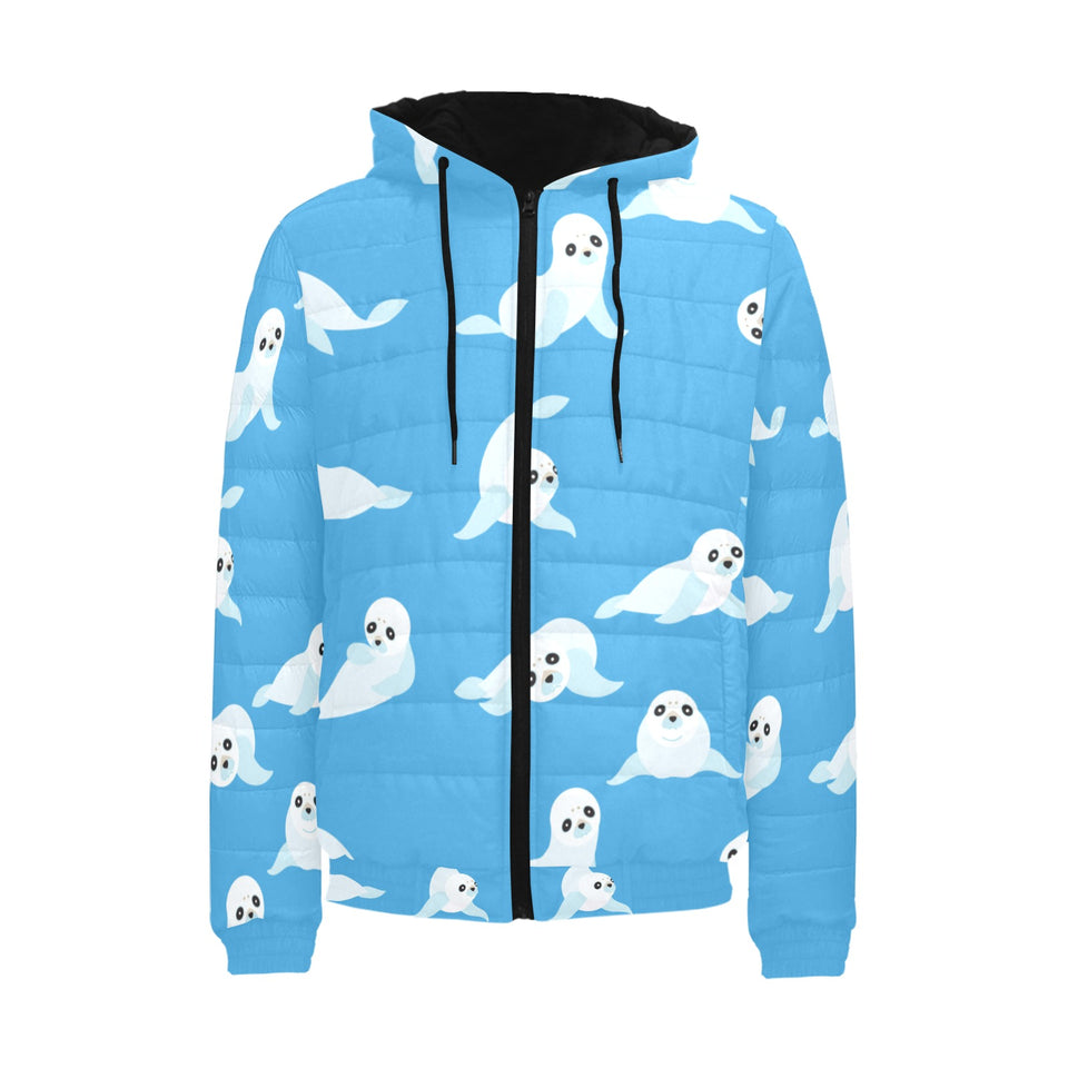 Cute sea lion seal pattern background Men's Padded Hooded Jacket