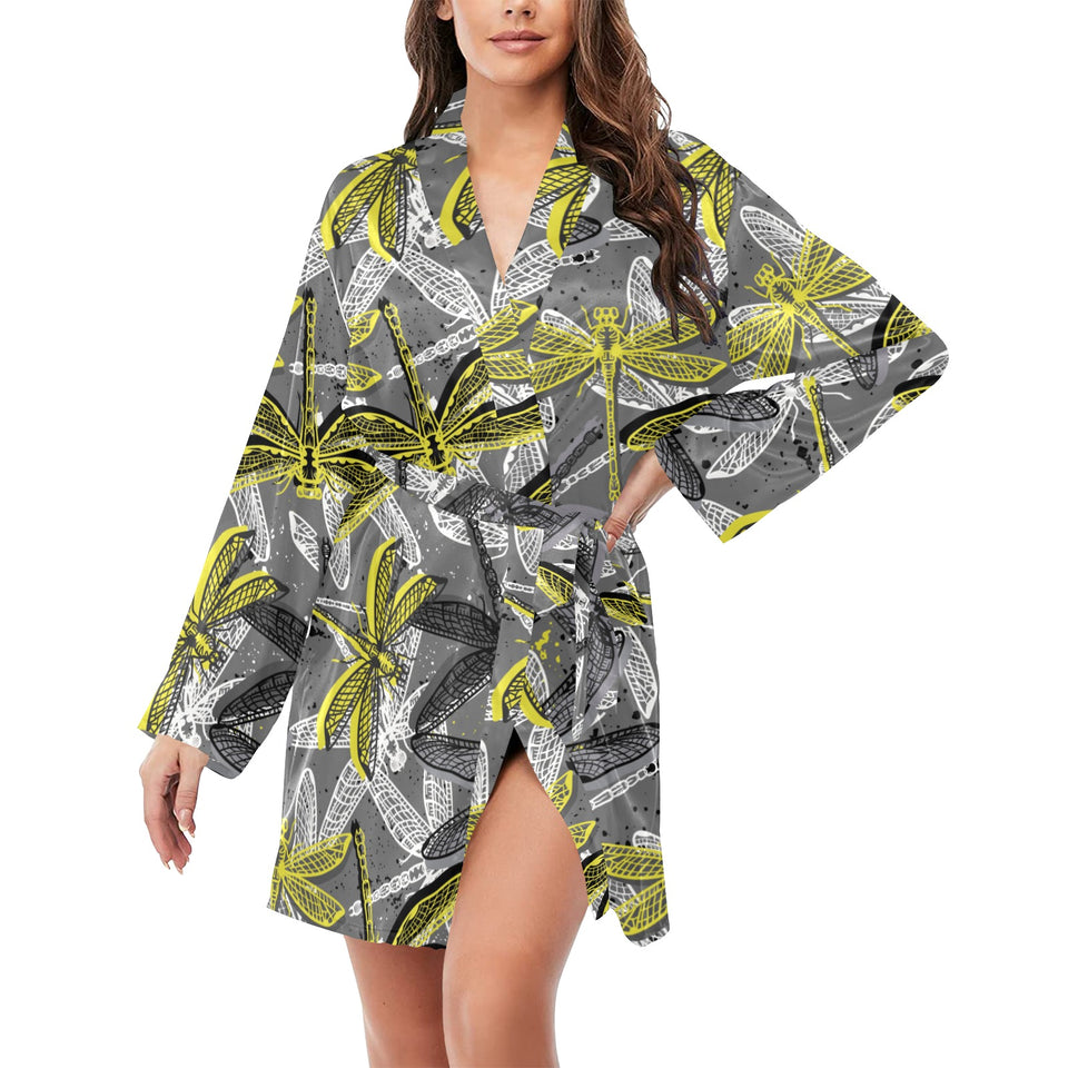 Hand drawn dragonfly pattern Women's Long Sleeve Belted Night Robe