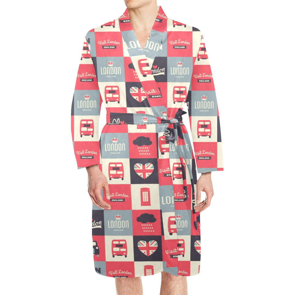 British Pattern Print Design 05 Men's Long Sleeve Belted Night Robe