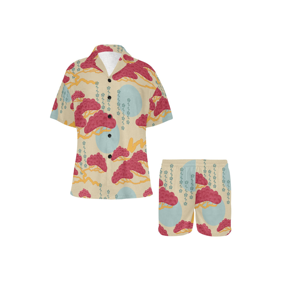Red Bonsai gray sun japanese pattern Women's V-Neck Short Pajama Set