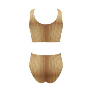 Wood Printed Pattern Print Design 05 Chest Bowknot High Waisted Bikini Swimsuit